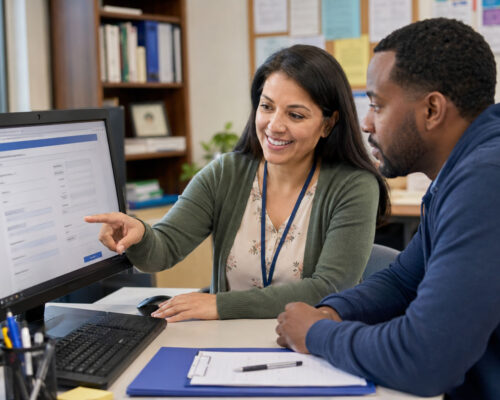 Associate helping student with registration